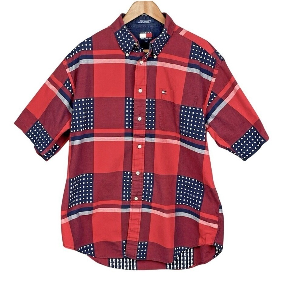 Tommy Hilfiger Red Blue Patchwork Plaid Button Down Shirt Mens L Preppy Nautical